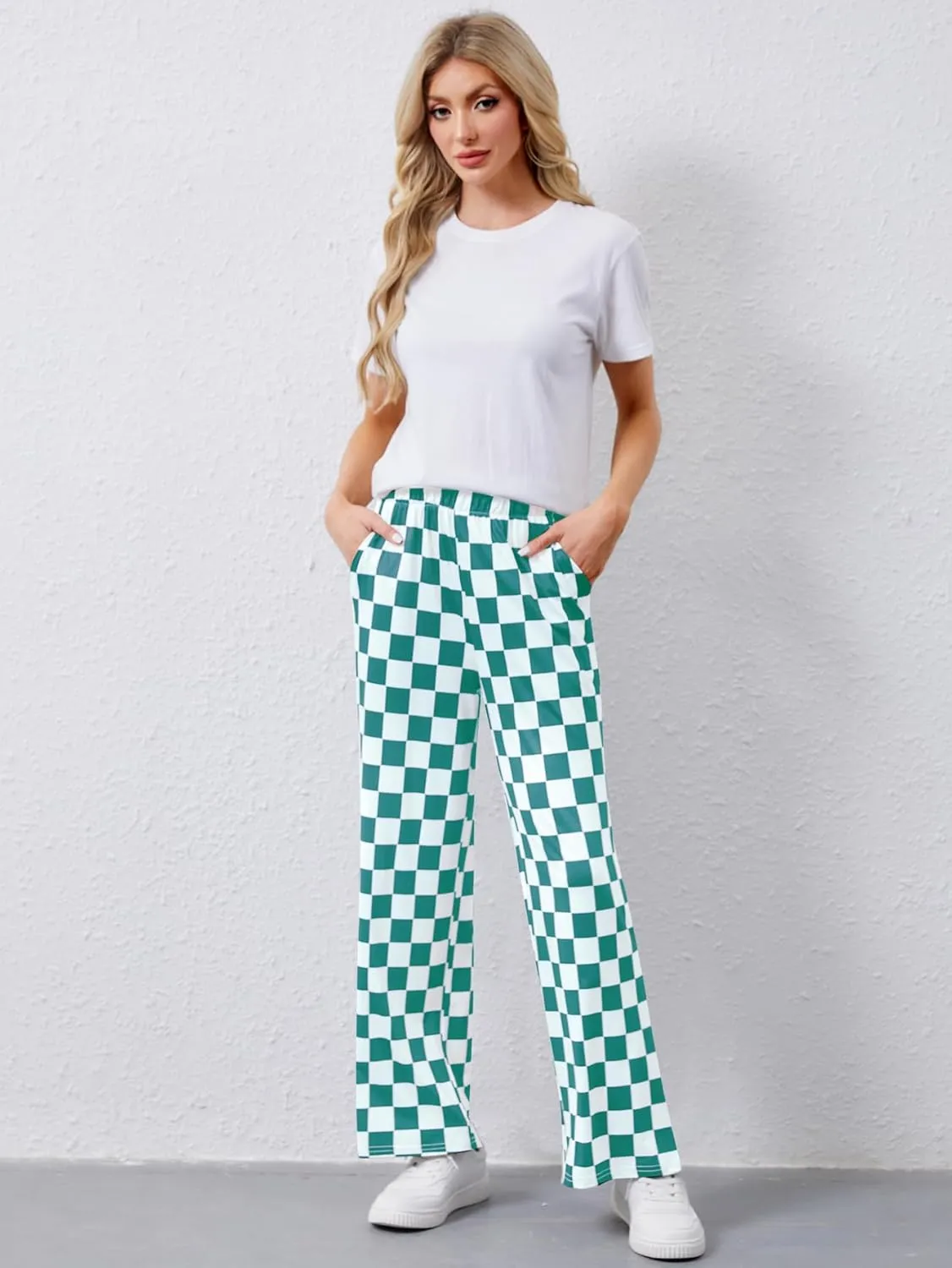 YKR Checkered Pants Women Casual Loose Wide Leg Straight Lounge Comfy Y2K Gingham Pants with Pockets