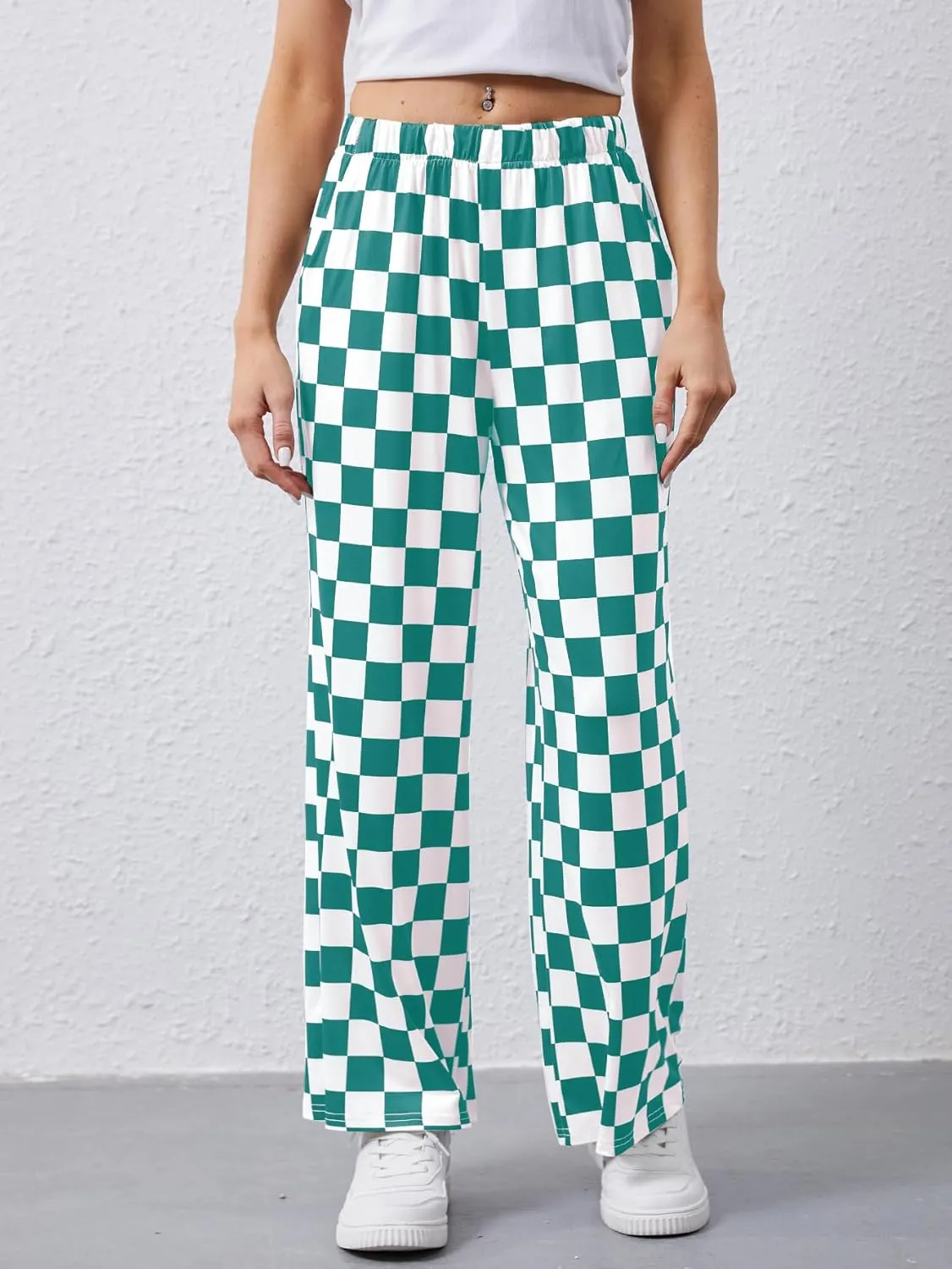 YKR Checkered Pants Women Casual Loose Wide Leg Straight Lounge Comfy Y2K Gingham Pants with Pockets