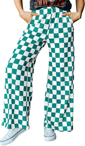 YKR Checkered Pants Women Casual Loose Wide Leg Straight Lounge Comfy Y2K Gingham Pants with Pockets