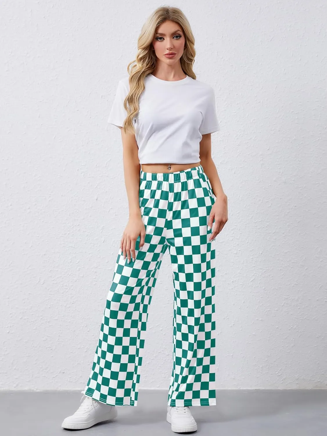 YKR Checkered Pants Women Casual Loose Wide Leg Straight Lounge Comfy Y2K Gingham Pants with Pockets