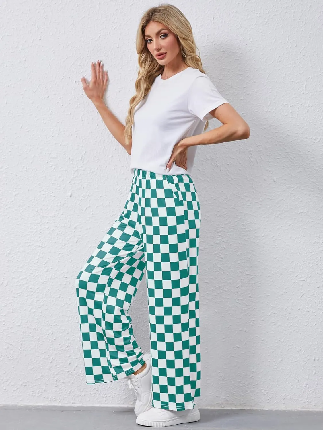 YKR Checkered Pants Women Casual Loose Wide Leg Straight Lounge Comfy Y2K Gingham Pants with Pockets