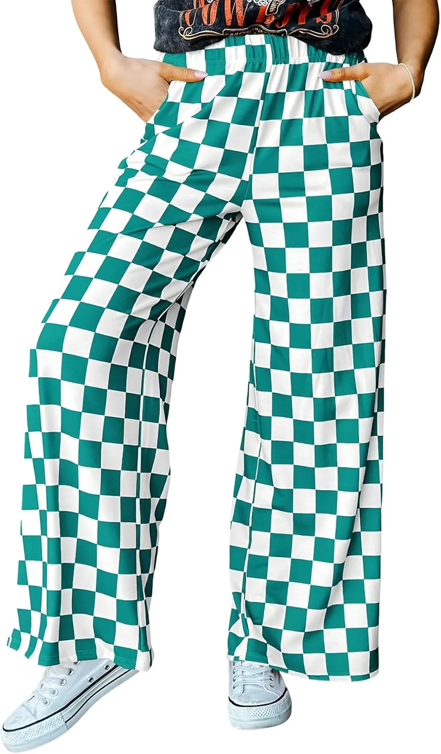 YKR Checkered Pants Women Casual Loose Wide Leg Straight Lounge Comfy Y2K Gingham Pants with Pockets