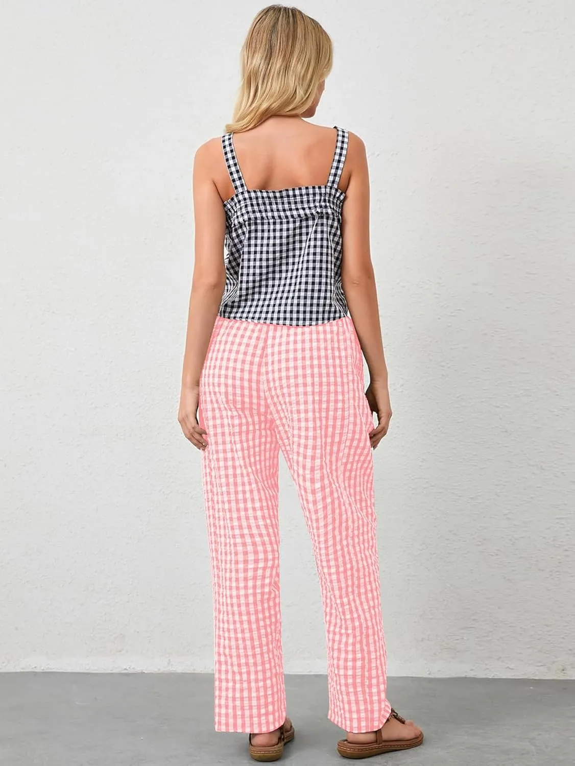YKR Plaid Pants for Women Gingham Lounge Wide Leg Low Waist Pajama Pants Elastic Waist Trousers with Pocket