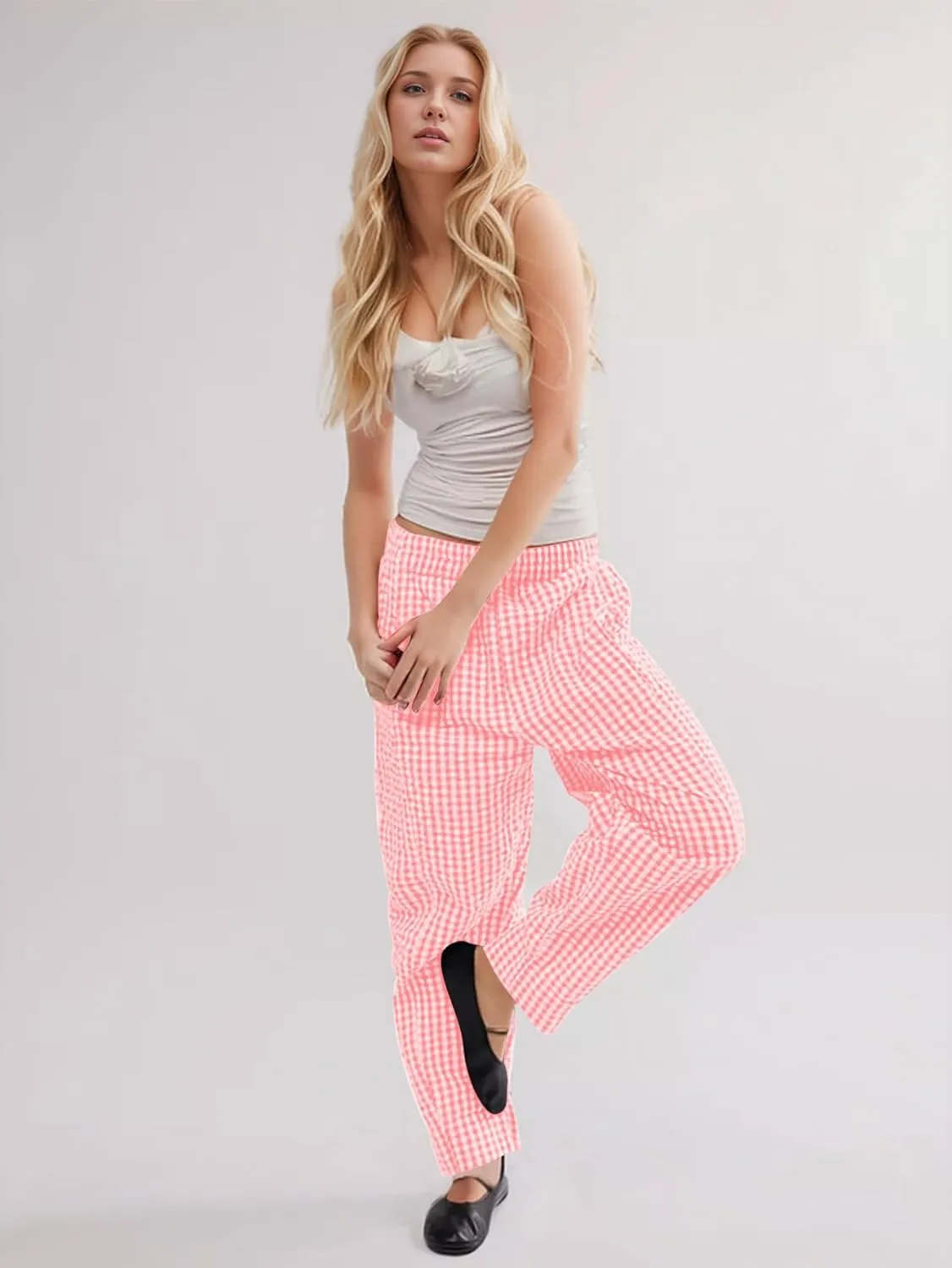 YKR Plaid Pants for Women Gingham Lounge Wide Leg Low Waist Pajama Pants Elastic Waist Trousers with Pocket