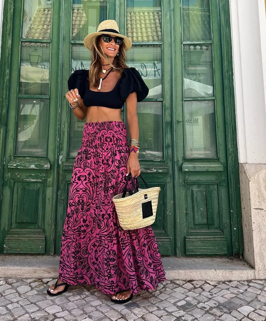 yoeasy Women Boho Floral High Elastic Waist A Line Long Skirt Summer Pleated Hem Maxi Skirts