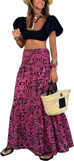 yoeasy Women Boho Floral High Elastic Waist A Line Long Skirt Summer Pleated Hem Maxi Skirts
