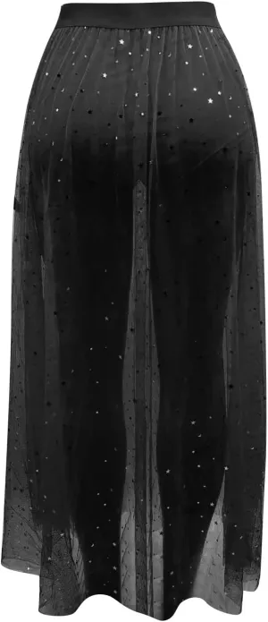 YOLAI Women Mesh See Through Skirt High Waist Galaxy Print Maxi Skirt Sexy 2 in 1 Sheer Skirt