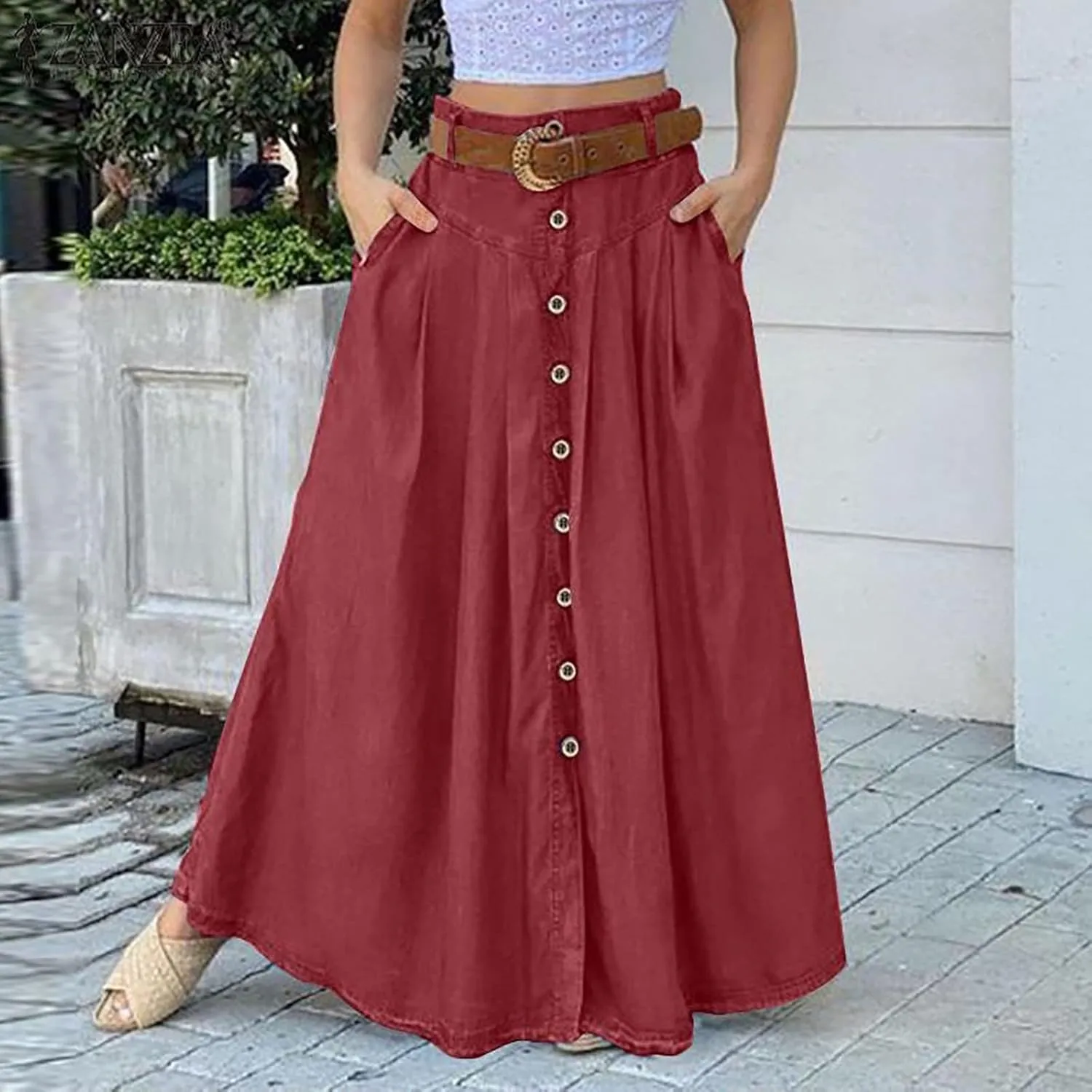 YOLAI Women's Casual Loose Solid Color Skirt A Line High Waist Skirt with Pocket Buttons Maxi Skirt