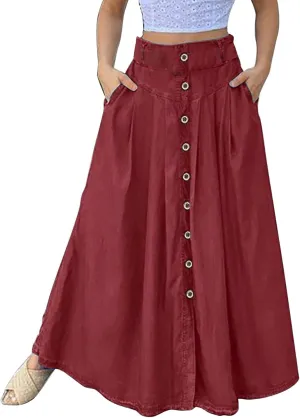 YOLAI Women's Casual Loose Solid Color Skirt A Line High Waist Skirt with Pocket Buttons Maxi Skirt