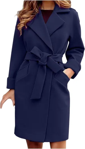 YRAETENM Long Wool Coats for Women Fall Winter Long Sleeve Notch Lapel Trench Coats Plus Size Casual Thick Belted Overcoat