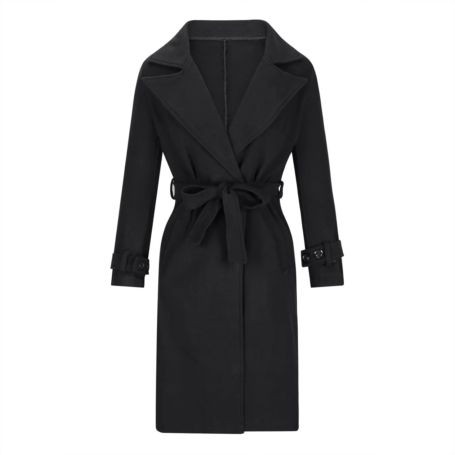 YRAETENM Long Wool Coats for Women Fall Winter Long Sleeve Notch Lapel Trench Coats Plus Size Casual Thick Belted Overcoat