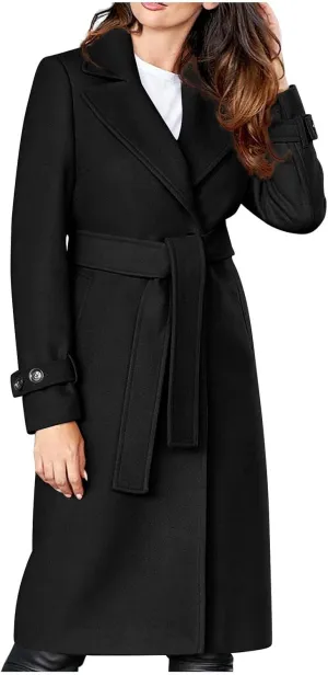 YRAETENM Long Wool Coats for Women Fall Winter Long Sleeve Notch Lapel Trench Coats Plus Size Casual Thick Belted Overcoat
