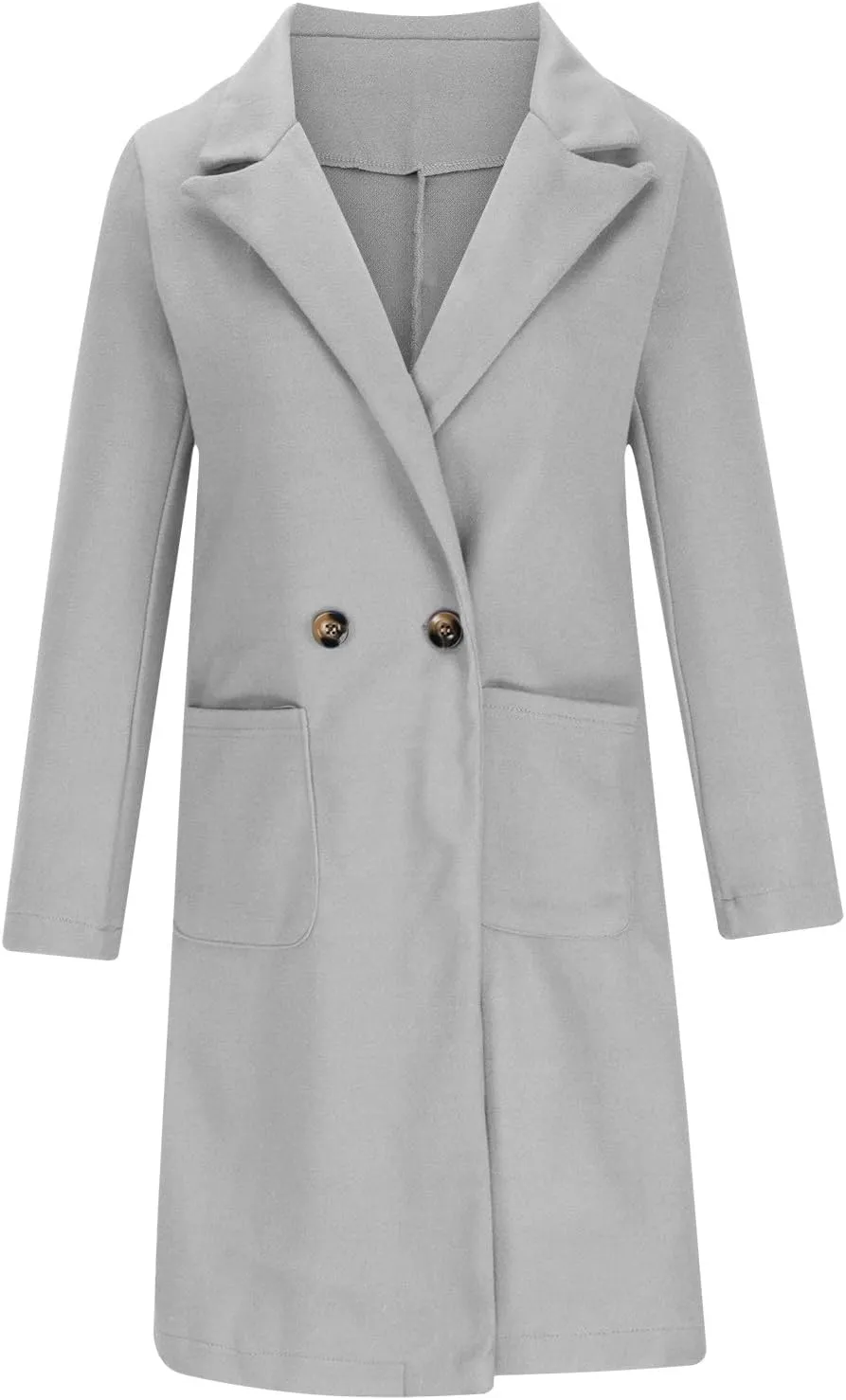 YRAETENM Trench Coat Women Double Breasted Winter Wool Blend Coats Casual Notch Lapel Midi Long Warm Pea Coat Long Jackets