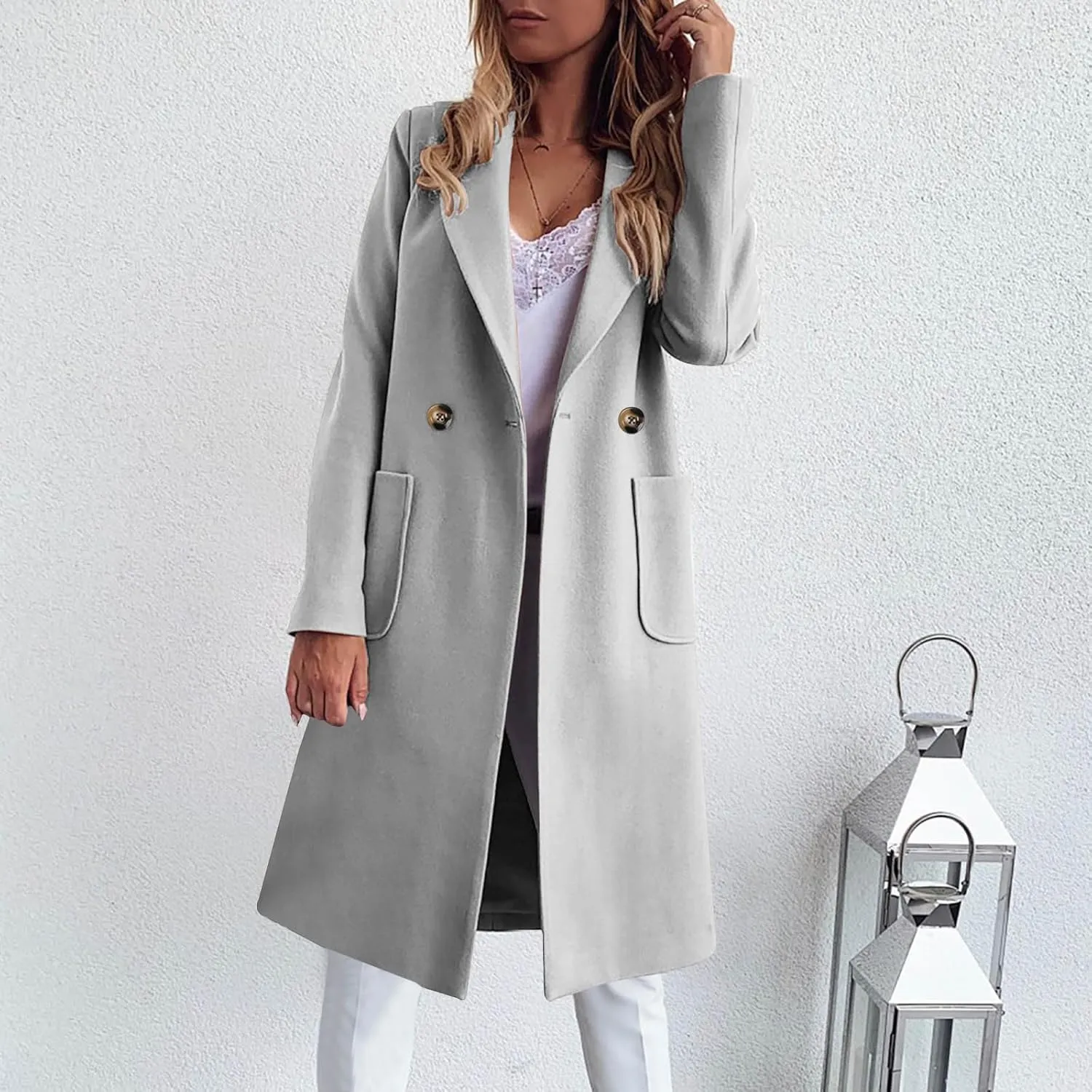 YRAETENM Trench Coat Women Double Breasted Winter Wool Blend Coats Casual Notch Lapel Midi Long Warm Pea Coat Long Jackets