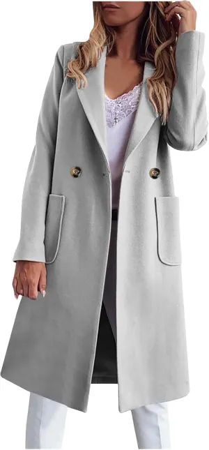 YRAETENM Trench Coat Women Double Breasted Winter Wool Blend Coats Casual Notch Lapel Midi Long Warm Pea Coat Long Jackets