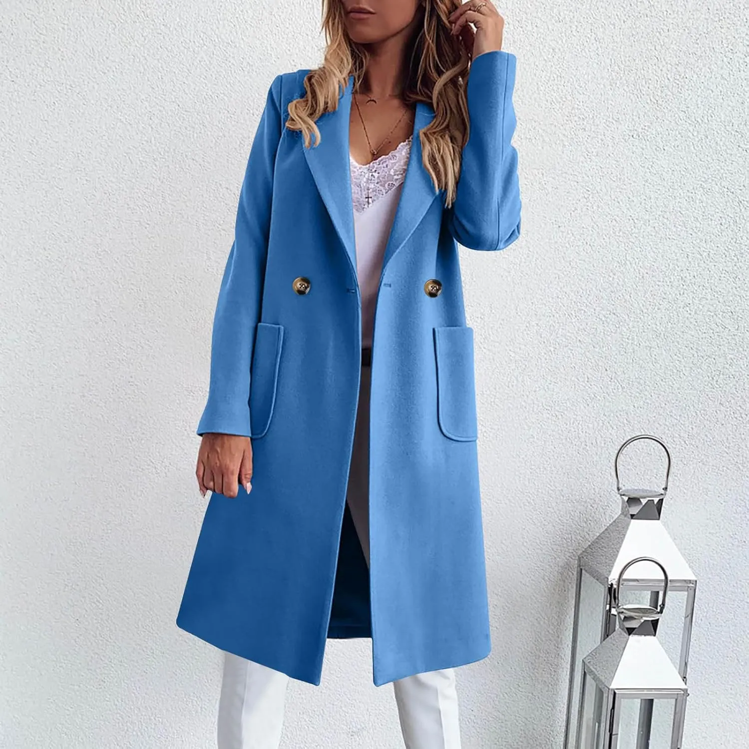 YRAETENM Trench Coat Women Double Breasted Winter Wool Blend Coats Casual Notch Lapel Midi Long Warm Pea Coat Long Jackets