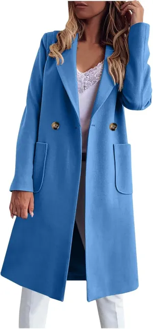 YRAETENM Trench Coat Women Double Breasted Winter Wool Blend Coats Casual Notch Lapel Midi Long Warm Pea Coat Long Jackets
