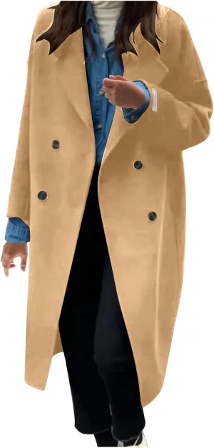 YRAETENM Trench Coat Women Double Breasted Wool Coat Long Sleeve Notch Lapel Mid Long Pea Coat Winter Overcoat with Pockets