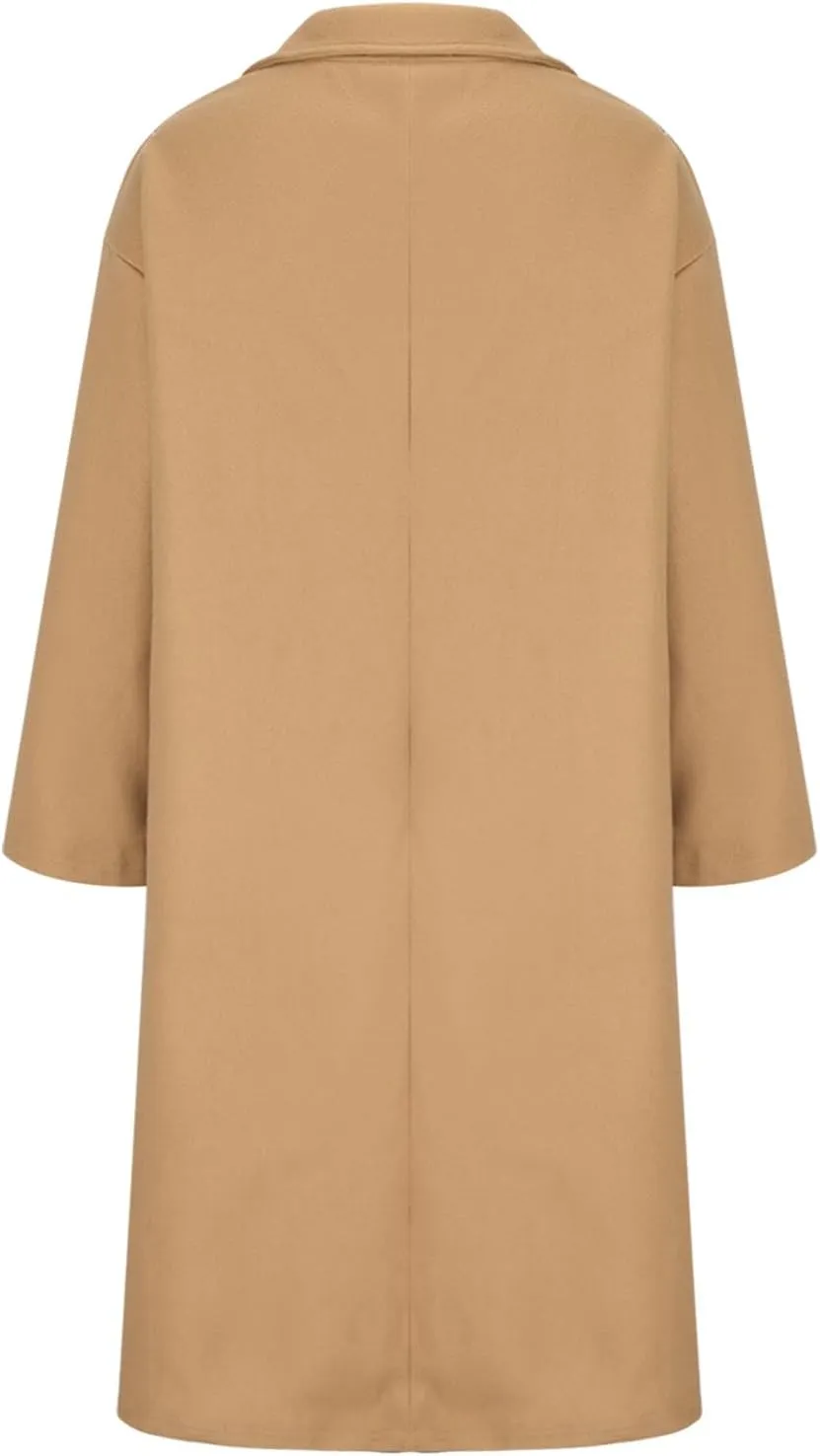 YRAETENM Trench Coat Women Double Breasted Wool Coat Long Sleeve Notch Lapel Mid Long Pea Coat Winter Overcoat with Pockets