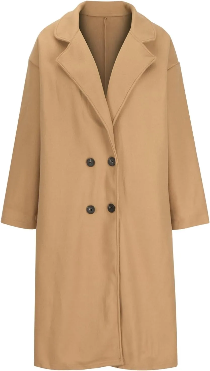 YRAETENM Trench Coat Women Double Breasted Wool Coat Long Sleeve Notch Lapel Mid Long Pea Coat Winter Overcoat with Pockets