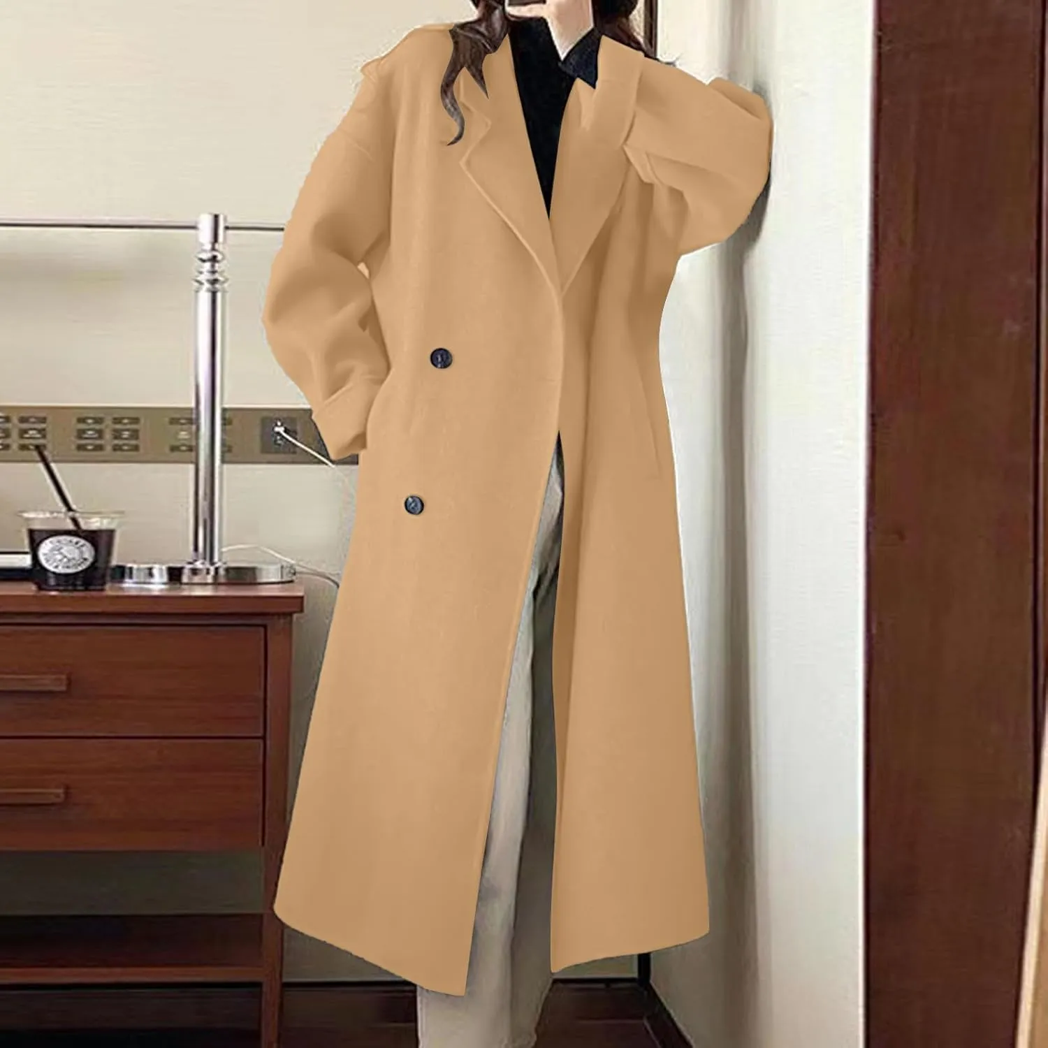 YRAETENM Trench Coat Women Double Breasted Wool Coat Long Sleeve Notch Lapel Mid Long Pea Coat Winter Overcoat with Pockets