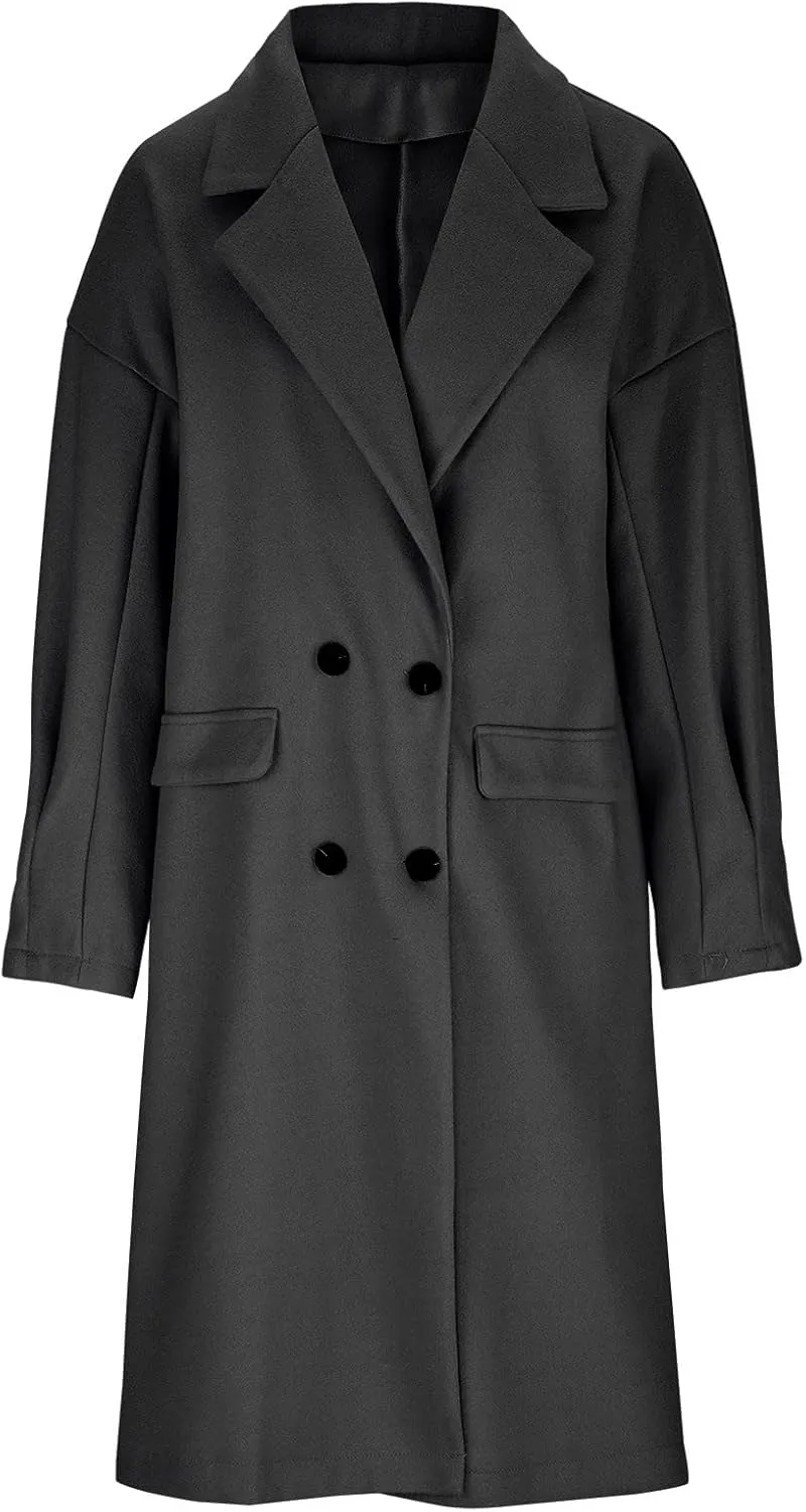 YRAETENM Trench Coat Women Winter Notched Lapel Double Breasted Jackets Casual Classic Long Pea Coat Wool Blend Overcoats