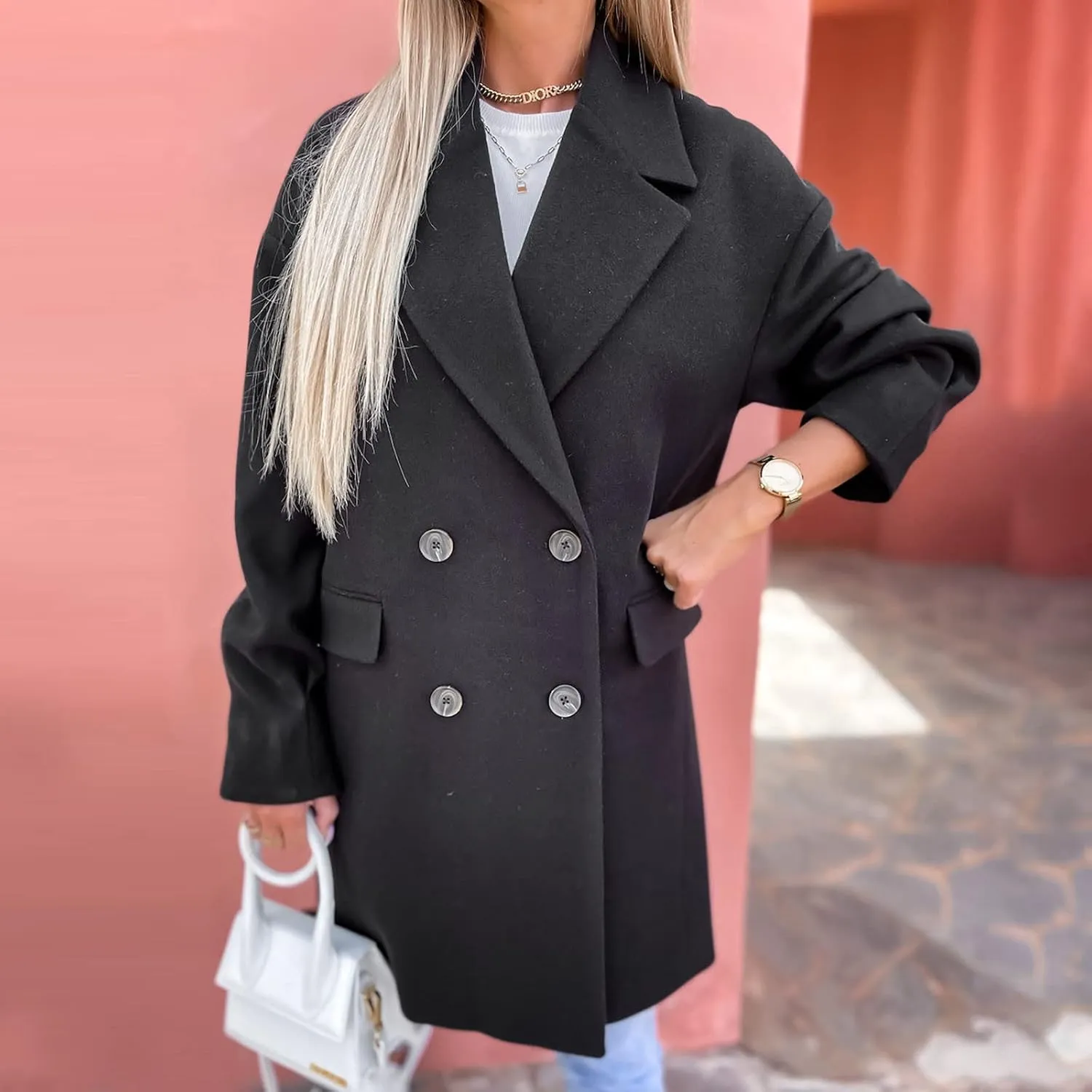 YRAETENM Trench Coat Women Winter Notched Lapel Double Breasted Jackets Casual Classic Long Pea Coat Wool Blend Overcoats