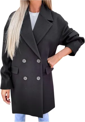 YRAETENM Trench Coat Women Winter Notched Lapel Double Breasted Jackets Casual Classic Long Pea Coat Wool Blend Overcoats