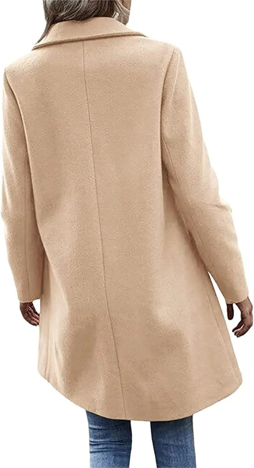 YRAETENM Trench Coats for Women Chic Notch Lapel One Button Mid Long Pea Coats Fall Winter Plus Size Warm Overcoat Outwear