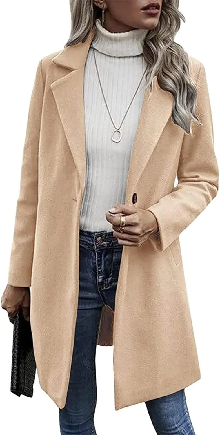 YRAETENM Trench Coats for Women Chic Notch Lapel One Button Mid Long Pea Coats Fall Winter Plus Size Warm Overcoat Outwear
