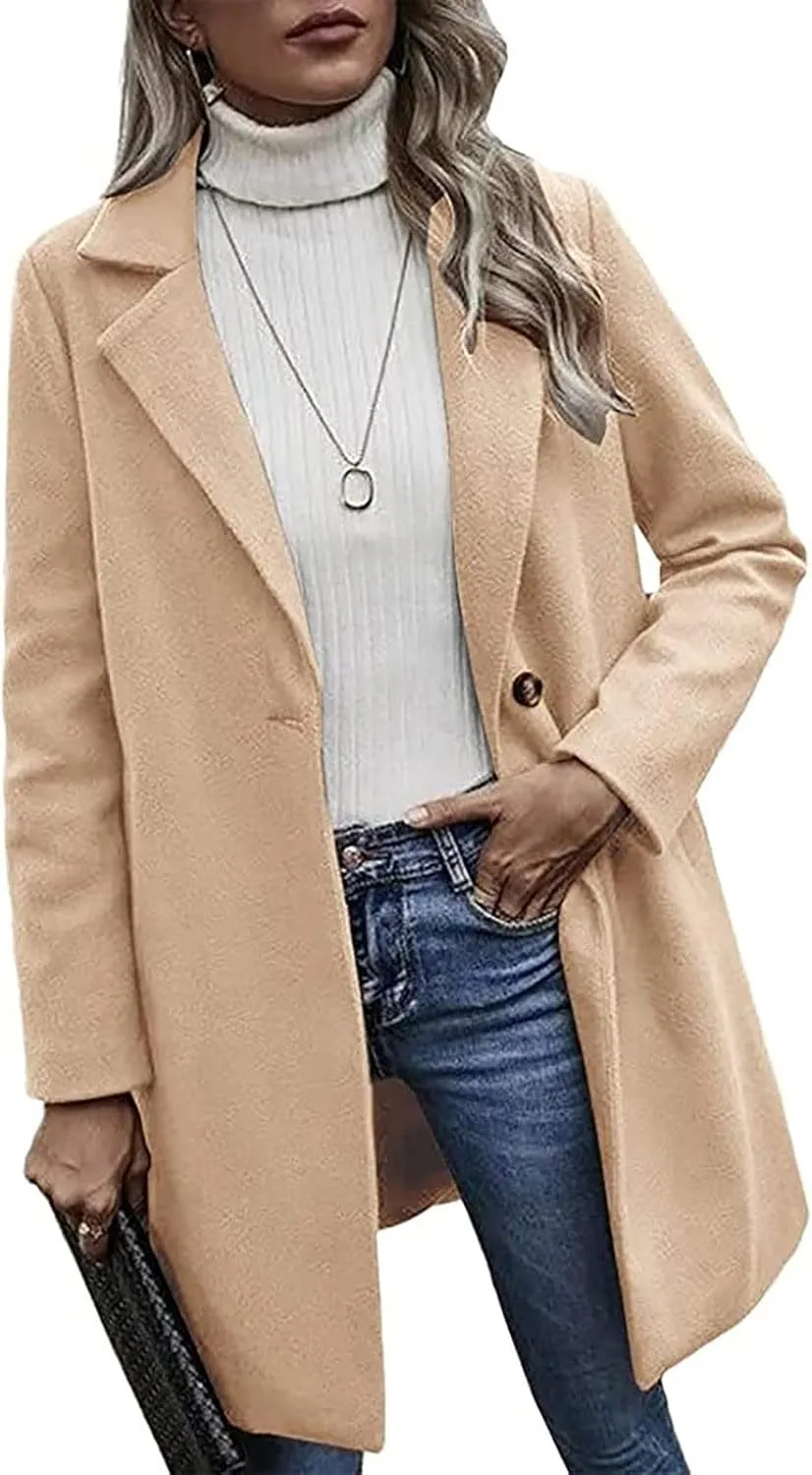 YRAETENM Trench Coats for Women Chic Notch Lapel One Button Mid Long Pea Coats Fall Winter Plus Size Warm Overcoat Outwear