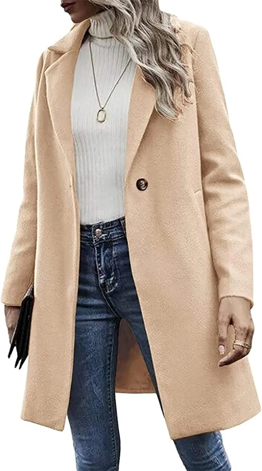 YRAETENM Trench Coats for Women Chic Notch Lapel One Button Mid Long Pea Coats Fall Winter Plus Size Warm Overcoat Outwear