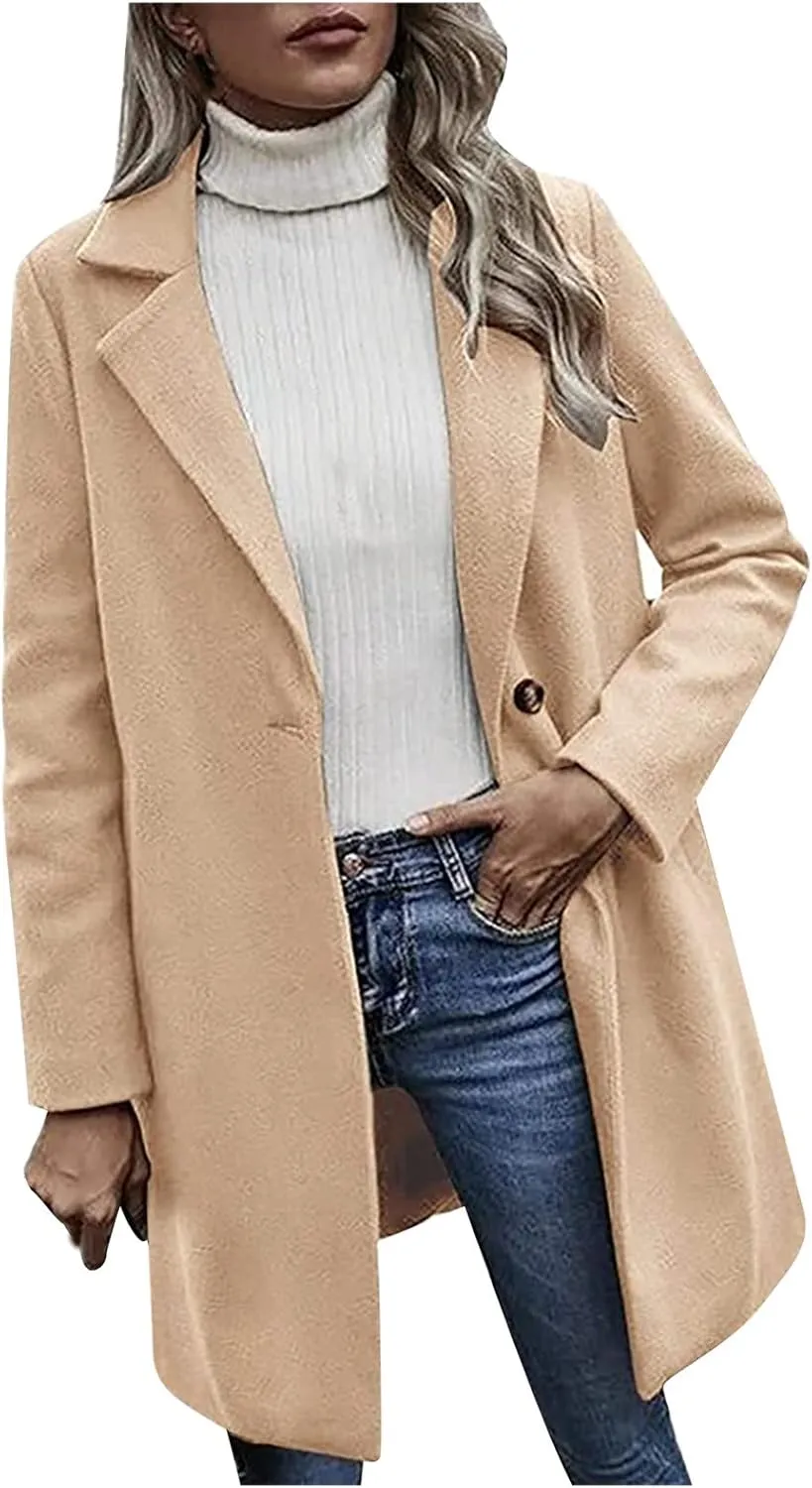 YRAETENM Trench Coats for Women Chic Notch Lapel One Button Mid Long Pea Coats Fall Winter Plus Size Warm Overcoat Outwear