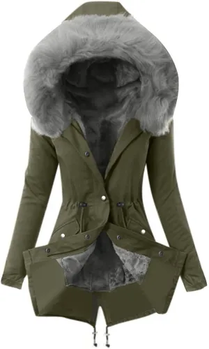 YRAETENM Winter Jackets for Women Sherpa Lined Faux Fur Hooded Mid Long Safari Parka Coat Warm Thicken Hooded Trench Coats