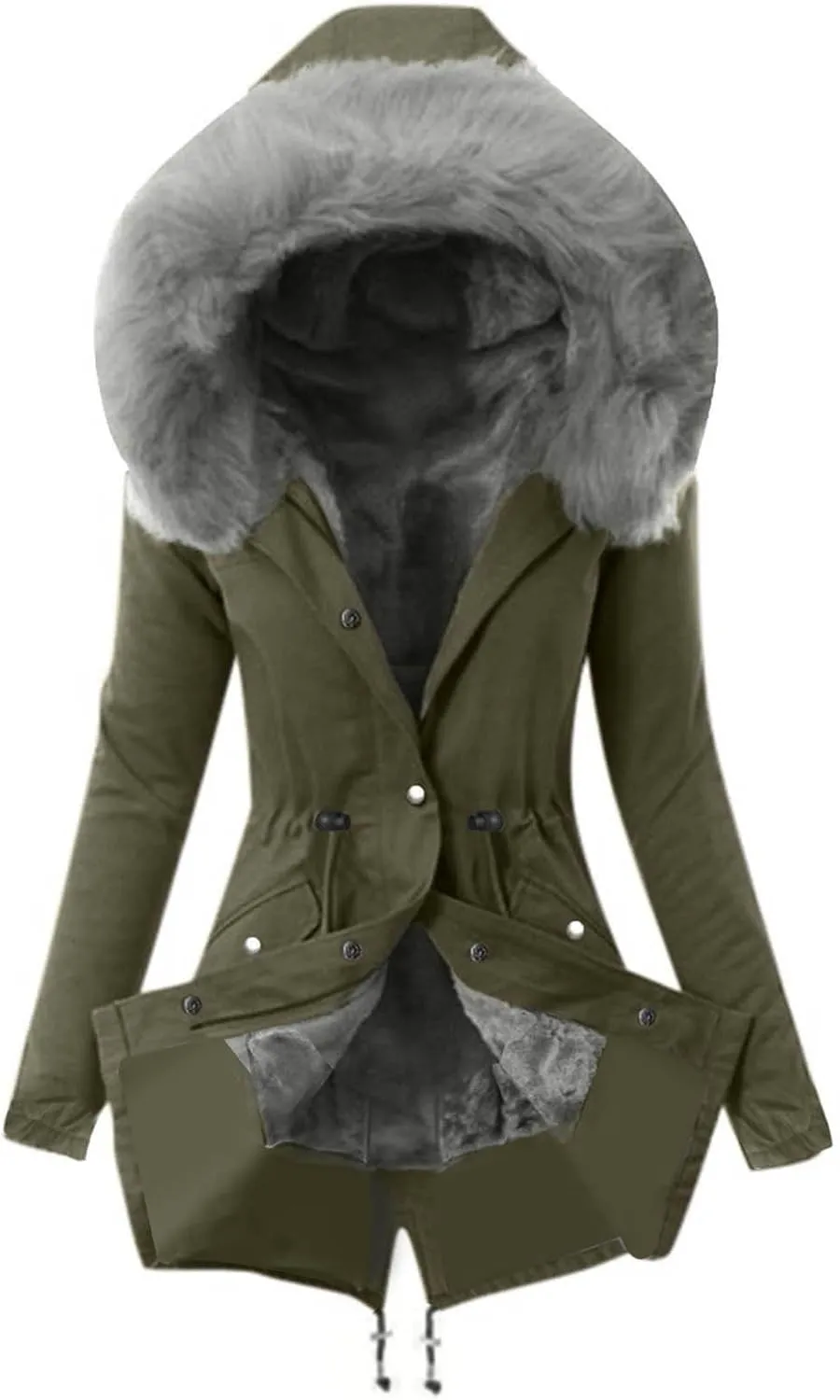 YRAETENM Winter Jackets for Women Sherpa Lined Faux Fur Hooded Mid Long Safari Parka Coat Warm Thicken Hooded Trench Coats