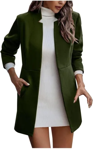YRAETENM Women Winter Wool Jacket Fall Tailored Open Front Blazer Pea Coat Work Office Woolen Mid Long Cardigan Trench Coat