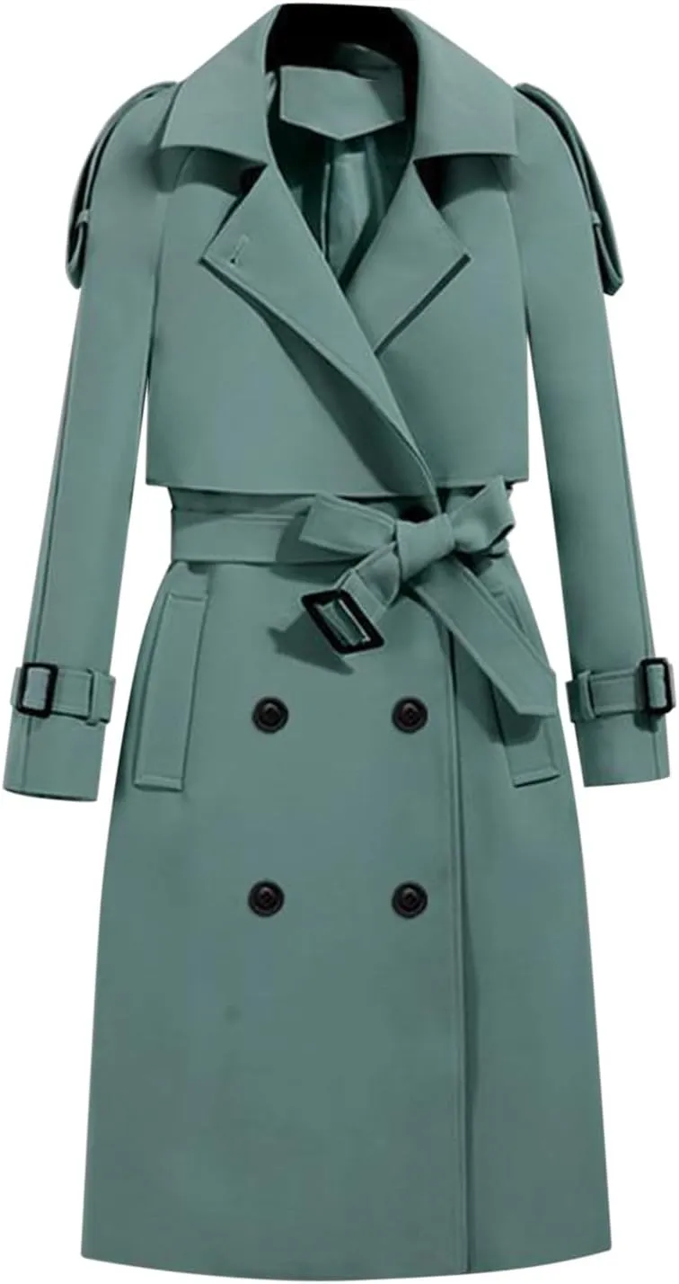 YRAETENM Women's Long Double-Breasted Trench Coat with Belt Lightweight Windbreaker Notch Lapel Collar Long Sleeve Overcoat