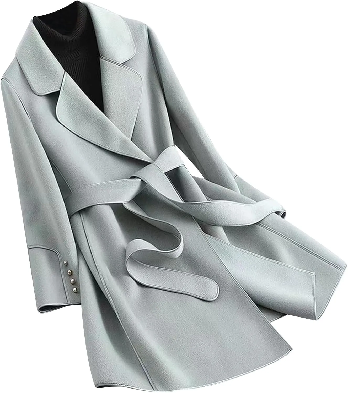 YRAETENM Womens Trench Coat Casual Notched Lapel Collar Mid Long Pea Coat Fall Winter Wool Blend Jackets Overcoat with Belt