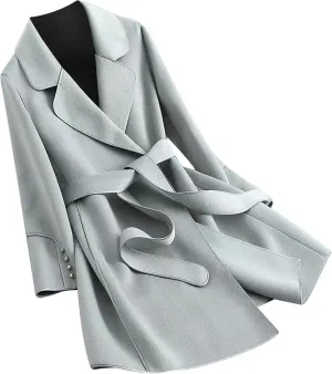 YRAETENM Womens Trench Coat Casual Notched Lapel Collar Mid Long Pea Coat Fall Winter Wool Blend Jackets Overcoat with Belt
