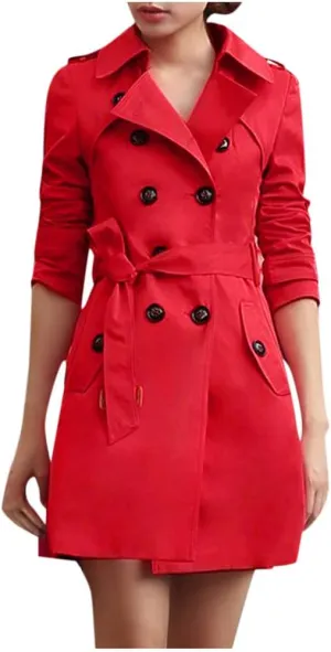 YRAETENM Women's Trench Coat Double Breasted Water Resistant Windbreaker Classic Lapel Overcoat Belted Slim Outerwear Coat