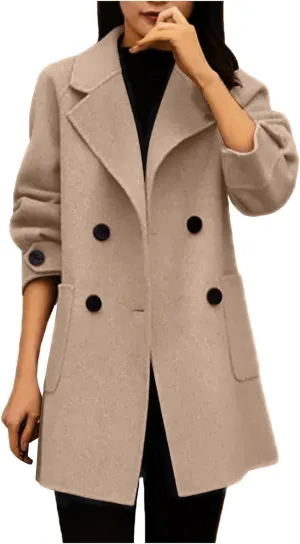 YRAETENM Women's Trench Coats Elegant Notched Lapel Double Breasted Wool Blend Coats Casual Winter Long Jackets with Pockets