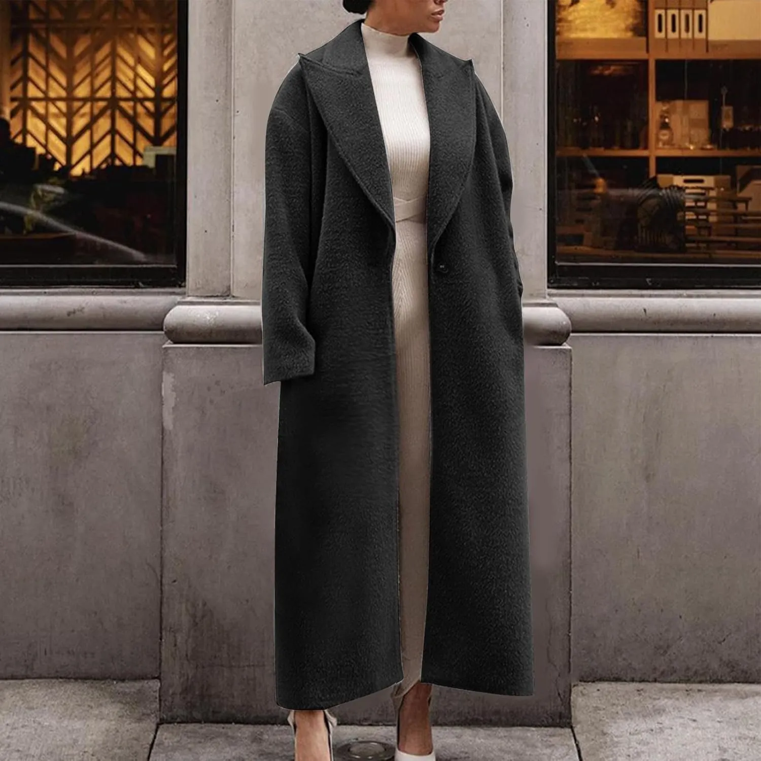 YRAETENM Women's Wool Blend Coat Oversized Notch Lapel Ankle Length Business Pea Coats Casual Open Front Winter Trench Coats