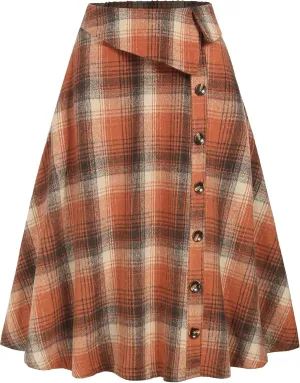 ZAFUL Women's Winter Skirt Plaid A-Line Pleated Midi Skirt High Elastic Waist Vintage Tartan Skirt with Pockets