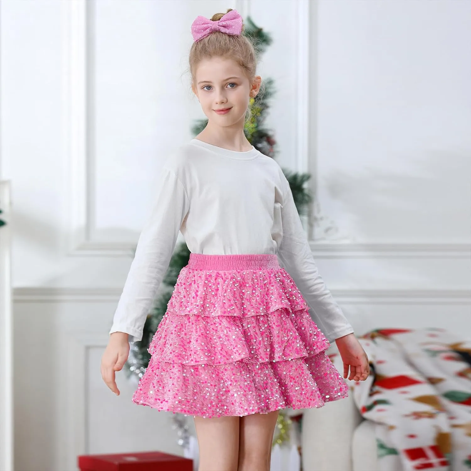 Zando Girls Sequin Skirt Kids Sparkly Skirt Girls Metallic Skirt Girls Tinsel Skirt Girls Tulle Skirt with Bow Hair Clip