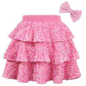 Zando Girls Sequin Skirt Kids Sparkly Skirt Girls Metallic Skirt Girls Tinsel Skirt Girls Tulle Skirt with Bow Hair Clip