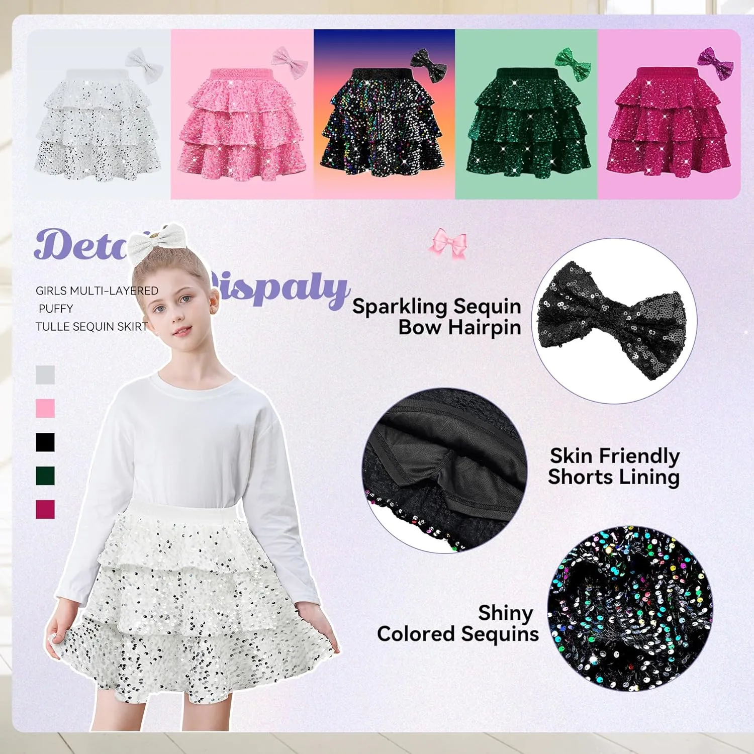 Zando Girls Sequin Skirt Kids Sparkly Skirt Girls Metallic Skirt Girls Tinsel Skirt Girls Tulle Skirt with Bow Hair Clip