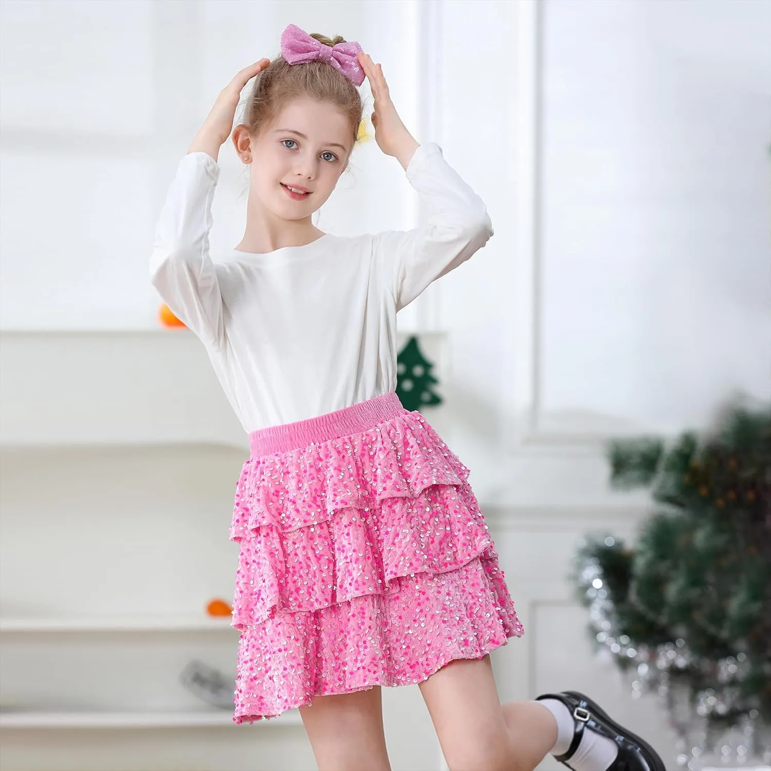 Zando Girls Sequin Skirt Kids Sparkly Skirt Girls Metallic Skirt Girls Tinsel Skirt Girls Tulle Skirt with Bow Hair Clip