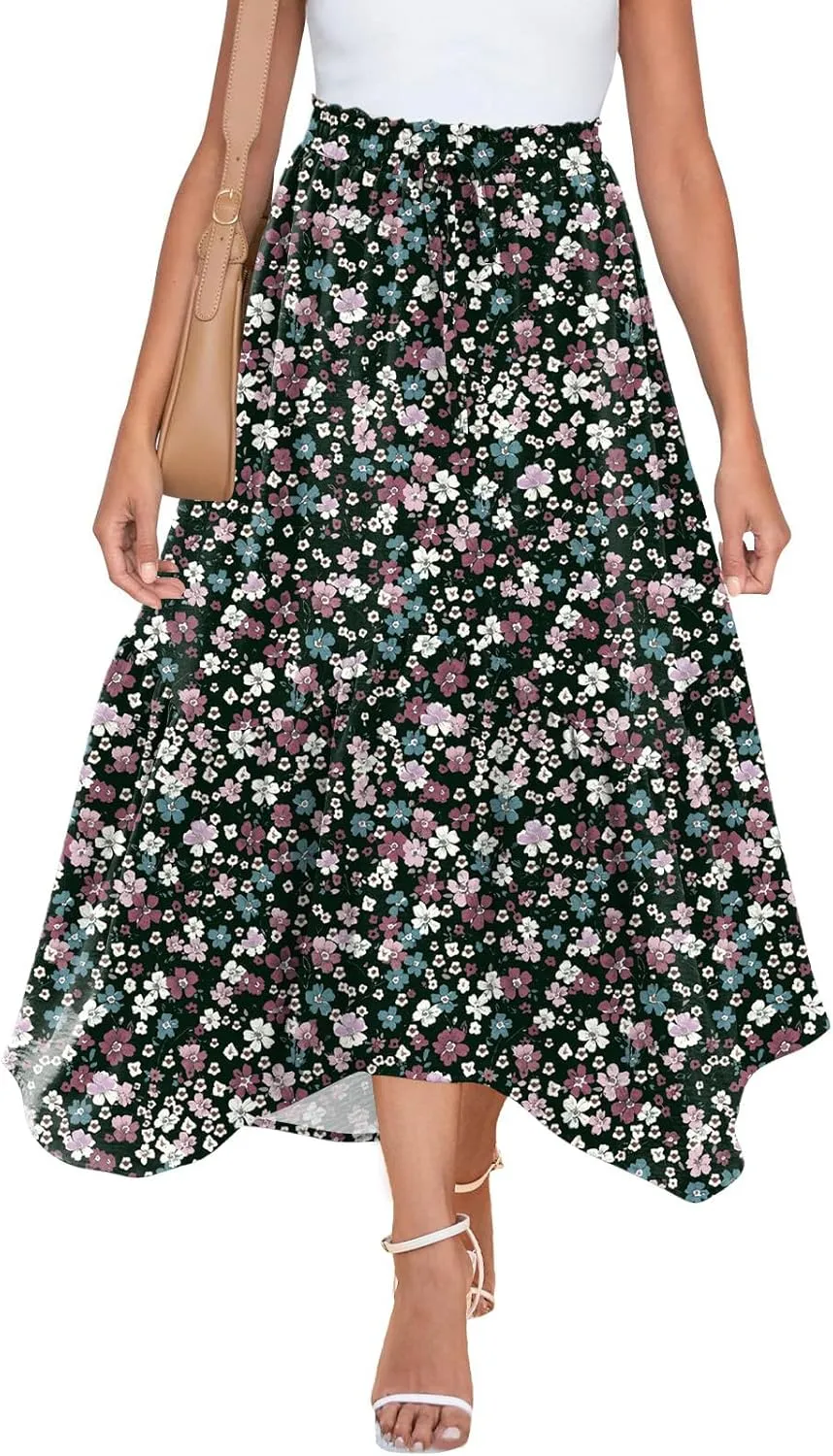 Zeagoo Long Skirts for Women High Waist A Line Skirt Casual Flowy Tiered Skirt with Pockets Summer Floral Boho Skirt